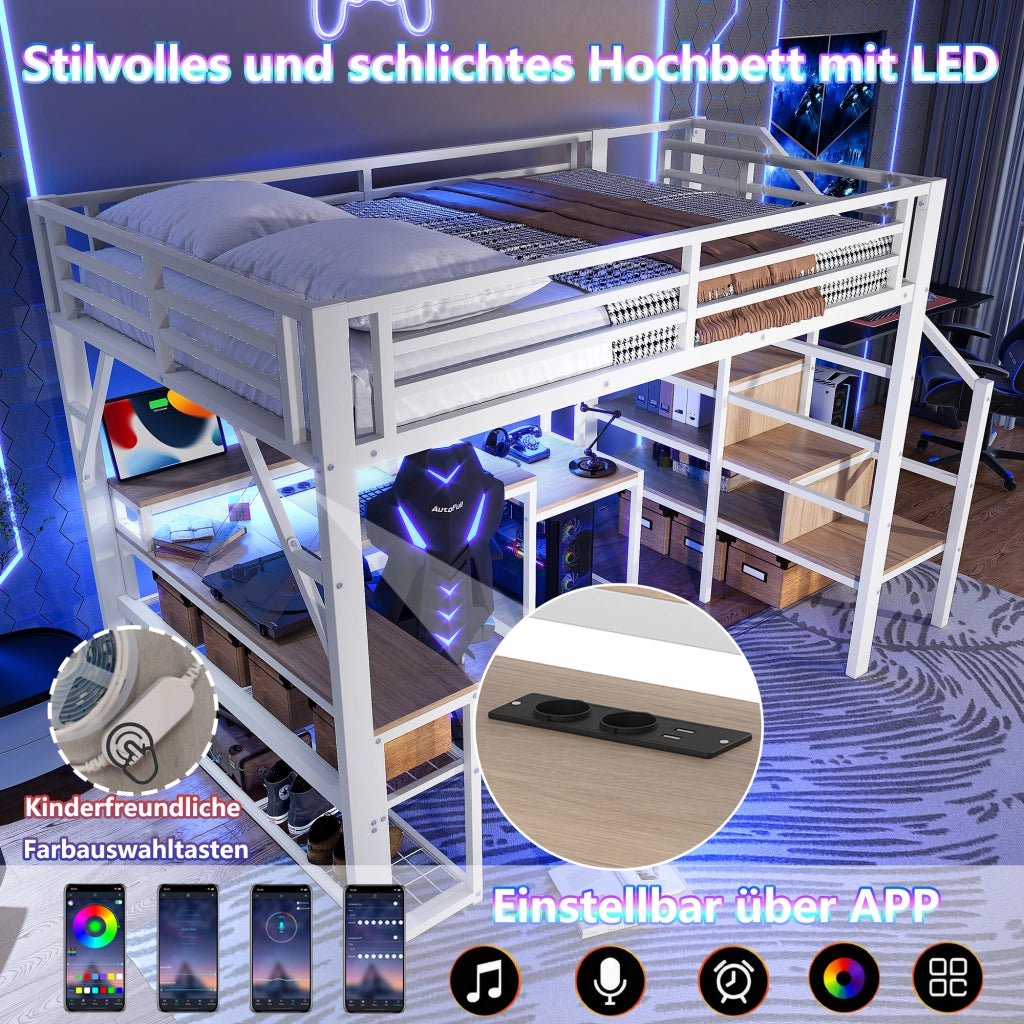 Letto castello 140x200 ferro ripiani scala ringhiere LED scrivania USB bianco