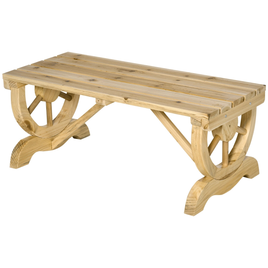 Panchina da Giardino 2 Posti a Doghe con Gambe a Ruota di Carro, in Legno, 98x50x39.5 cm, color Legno