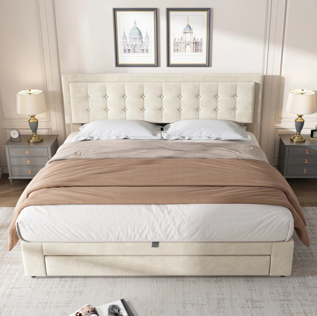Letto con contenitore e cassetti in velluto beige; testiera regolabile; 180 × 200 cm