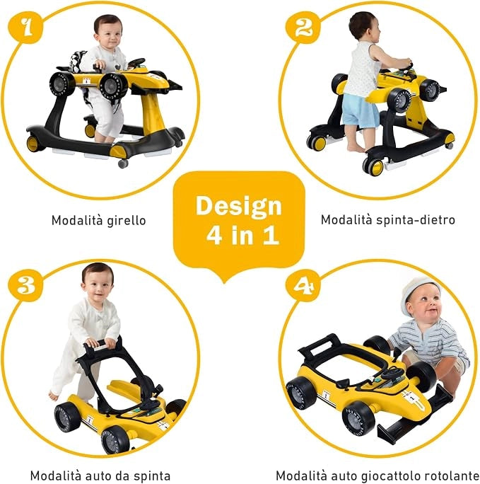 Girello per Bambini 4 in 1, Altezza e Velocità Regolabili, Girello Pieghevole con Carillon Luci, Volante, Primi Passi per Bambini 6-18 Mesi, Portata 12 kg (Giallo)
