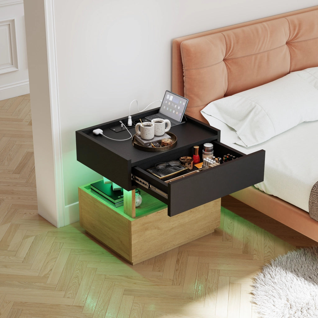 Comodino con ricarica wireless, LED e due cassetti, finitura legno e nero per camera da letto 50 × 40 × 50 cm