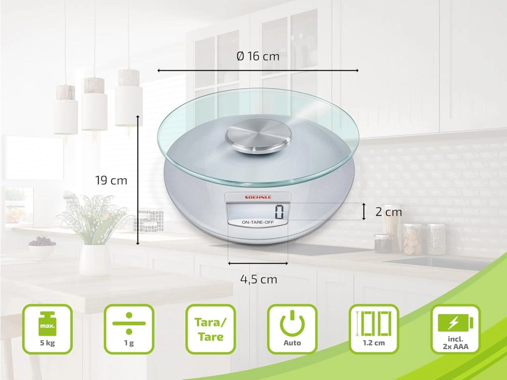 Bilancia da Cucina Digitale Roma Silver con Piatto in Vetro Rimovibile Portata 5 kg Precisione 1 g Display LCD Soehnle