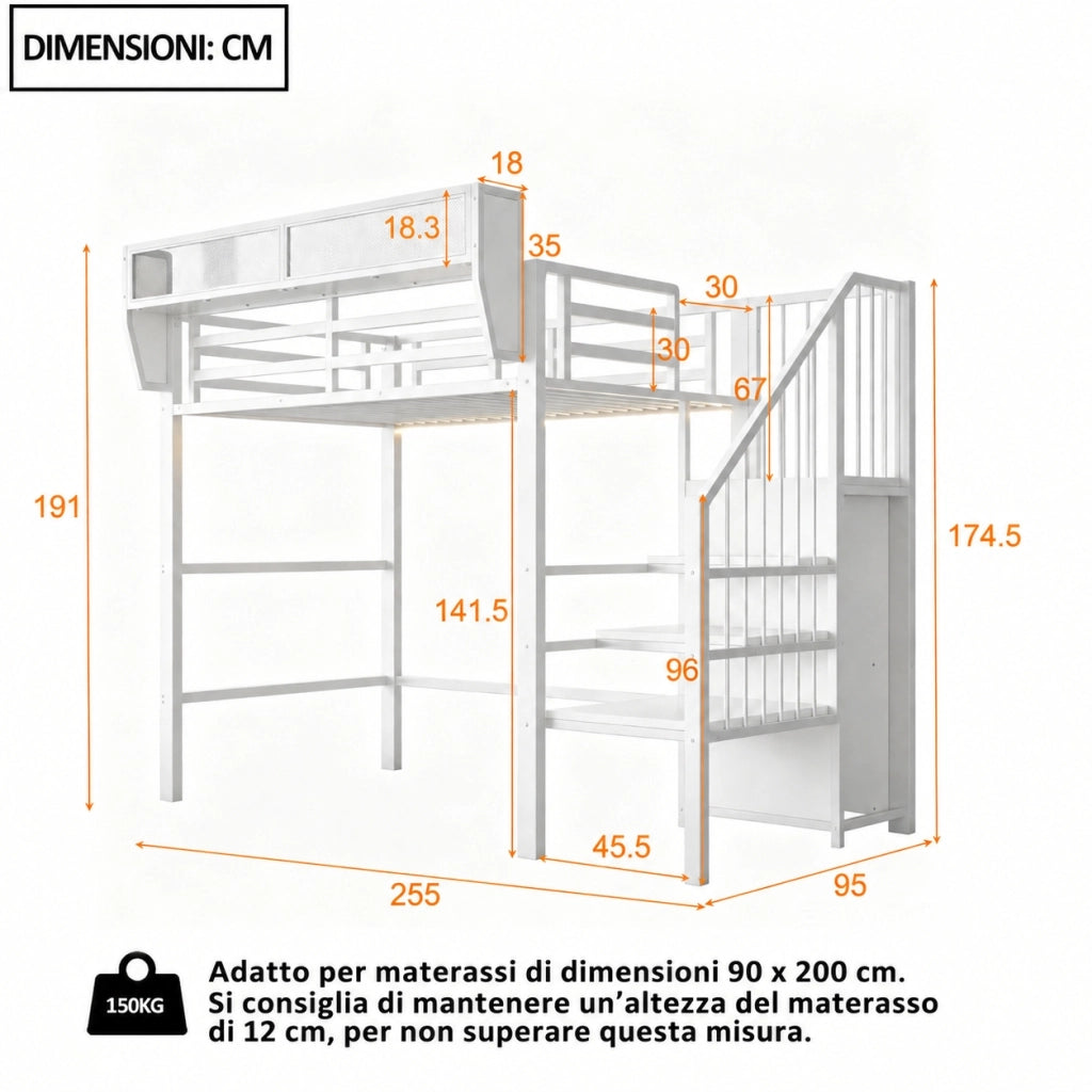 Letto a soppalco 90x200 con scala di sicurezza e LED, metallo e MDF, bianco e nero