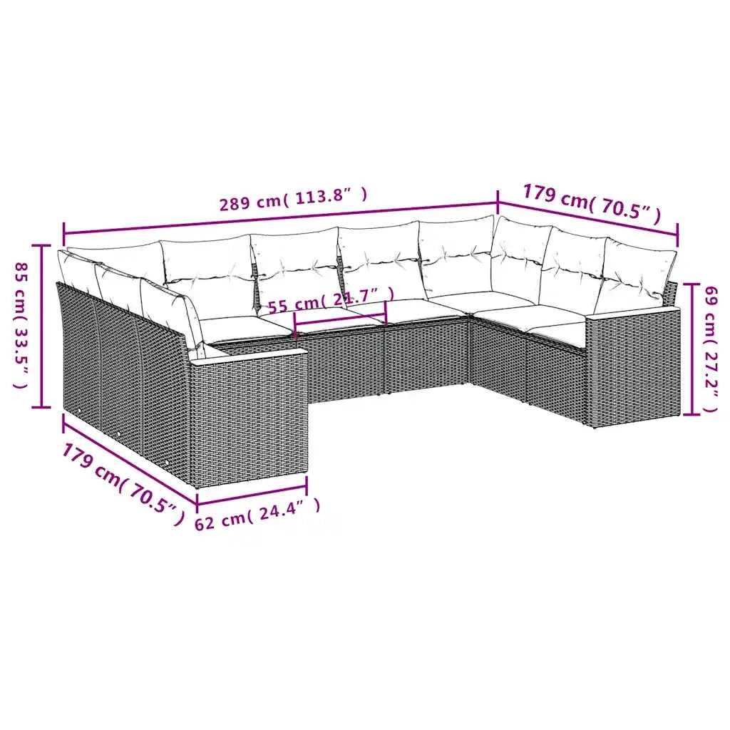 Set Divani da Giardino 9 pz con Cuscini Nero in Polyrattan 3226274