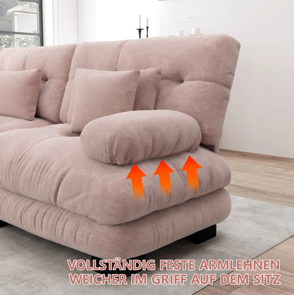 Divano modulare angolare in ciniglia rosa con pouf mobili e cuscini