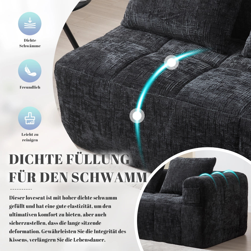 Divano 2 Posti con Tasche laterali e Cuscino, Seduta Ergonomica, in Ciniglia, Nero