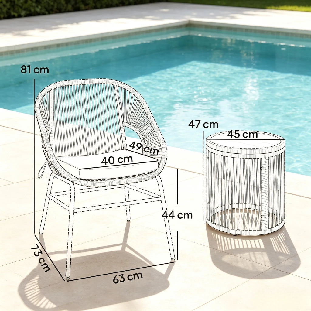 Set da giardino moderno, 2 sedie e 1 tavolo