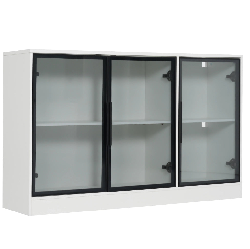 Vetrina in vetro grigia con LED, 120 x 30 x 73 cm, struttura bianca in truciolato, ante in vetro temperato, ideale per salotto, ufficio o sala da pranzo