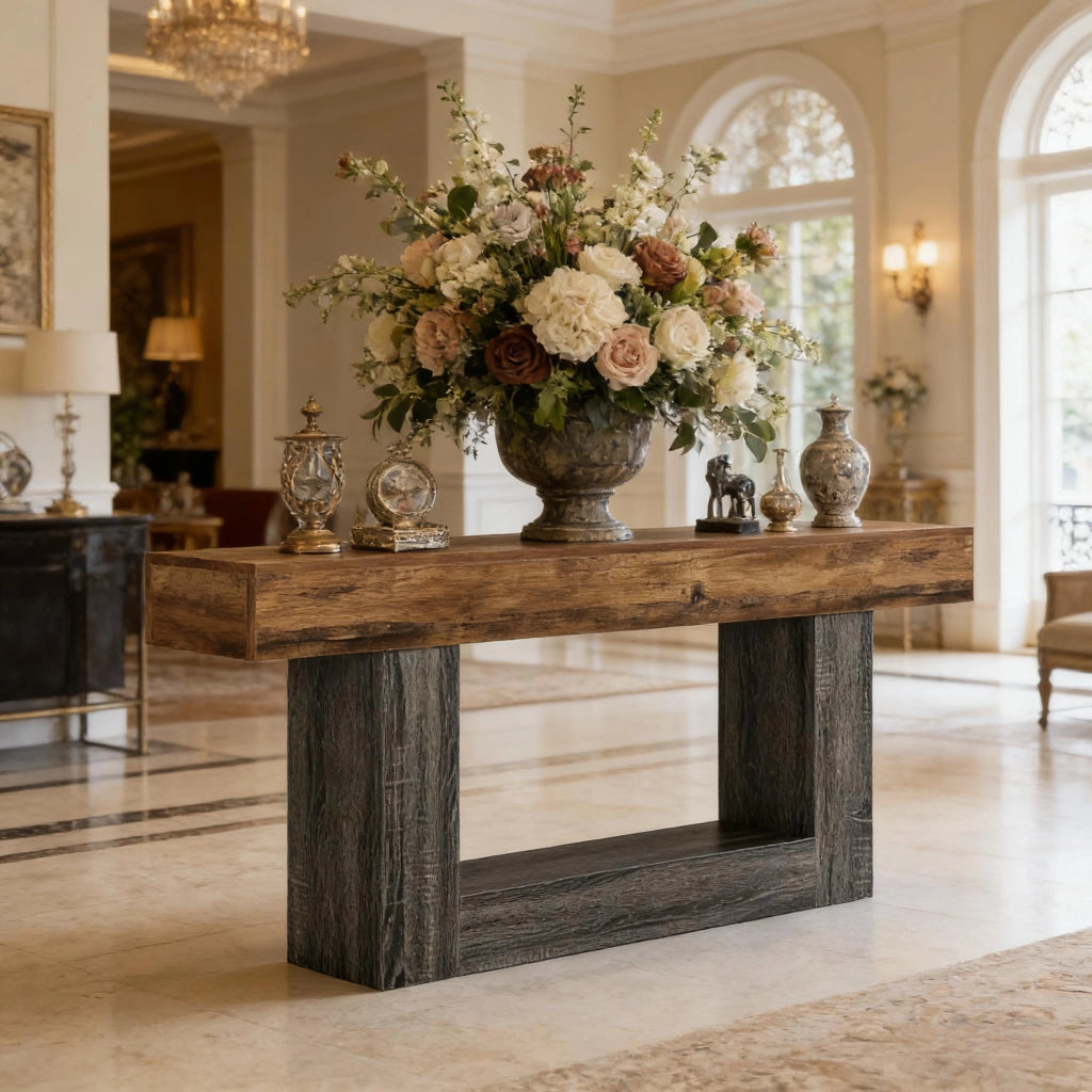 Consolle con ripiano inferiore e piedini regolabili, rustica per ingresso, in MDF, grigio e marrone, 160 cm