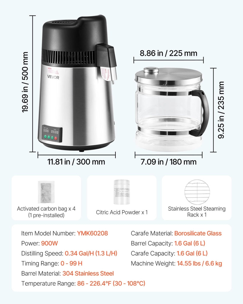 Distillatore d'acqua da banco 6 L 900 W YMK60208 in acciaio inox 304 e vetro, purificatore robusto e facile da usare per uso domestico e cucina