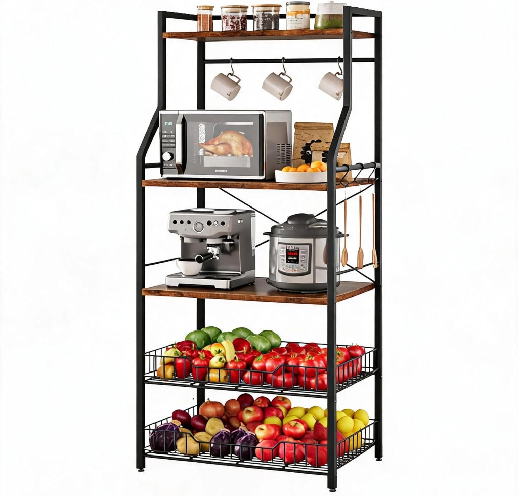 Scaffale da cucina nero a 5 ripiani con cestini