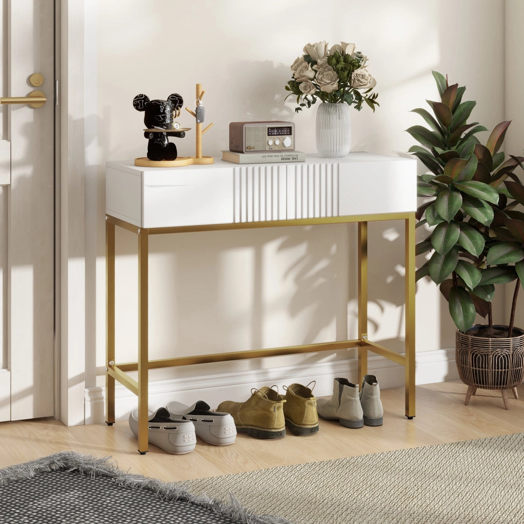 Consolle Ingresso con 2 Cassetti e Gambe Dorate ¨C Minimal ¨C Bianco 80x31.5x75cm
