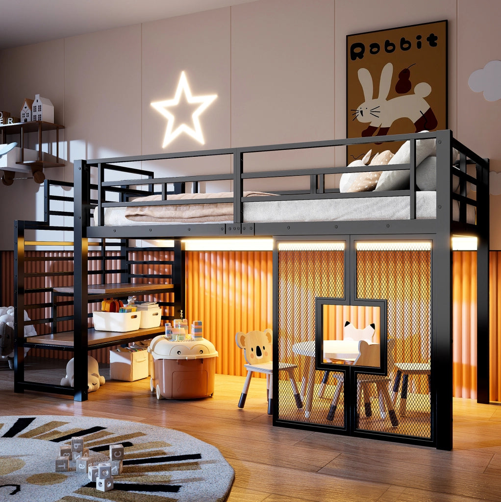 LETTO a soppalco in metallo 90x200 cm Nero con scala e luci LED