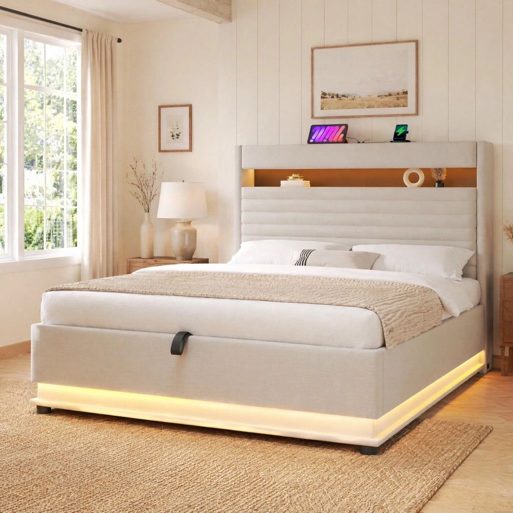 Letto imbottito 140x200 cm con LED, USB/Type-C e contenitore