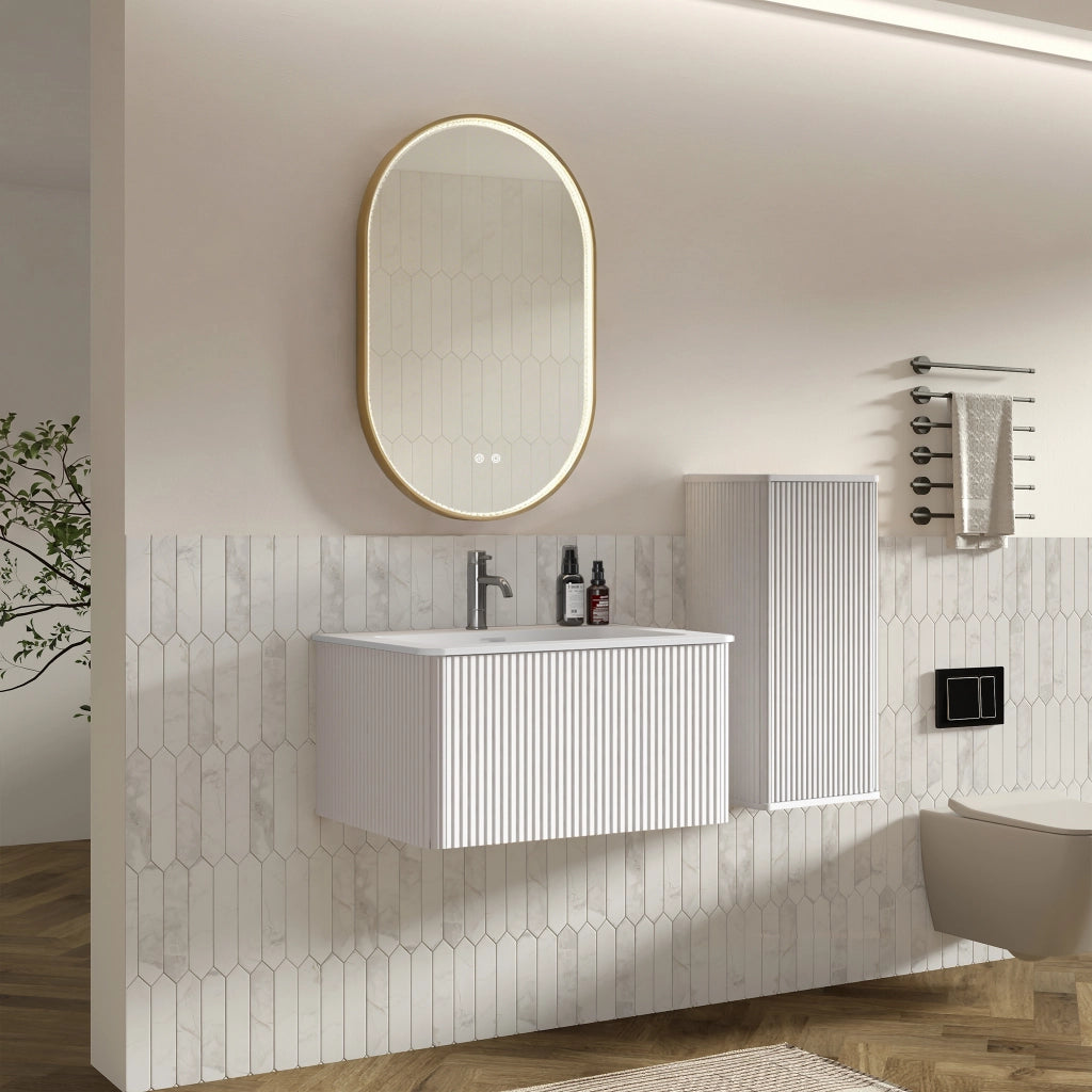 Set mobile bagno sospeso con lavabo, colonna laterale e specchio LED