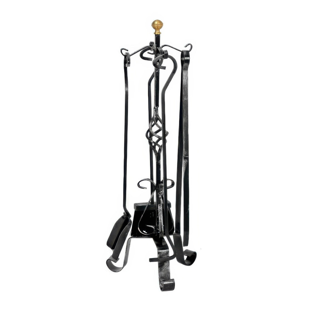Set Attrezzi per Camino con Pigna 4 Pezzi h 70 cm e Supporto a Tre Piedi