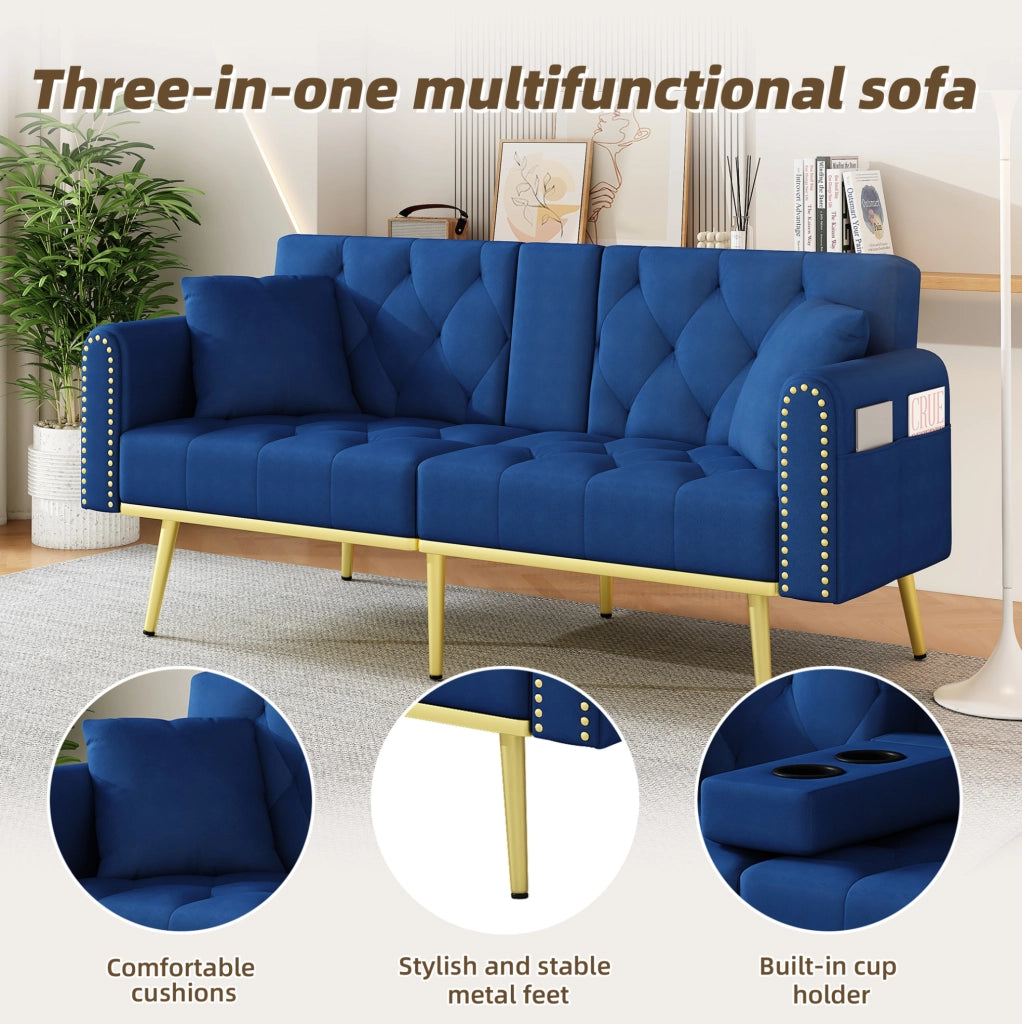 Divano letto multifunzionale in velluto blu con schienale regolabile e portabicchieri