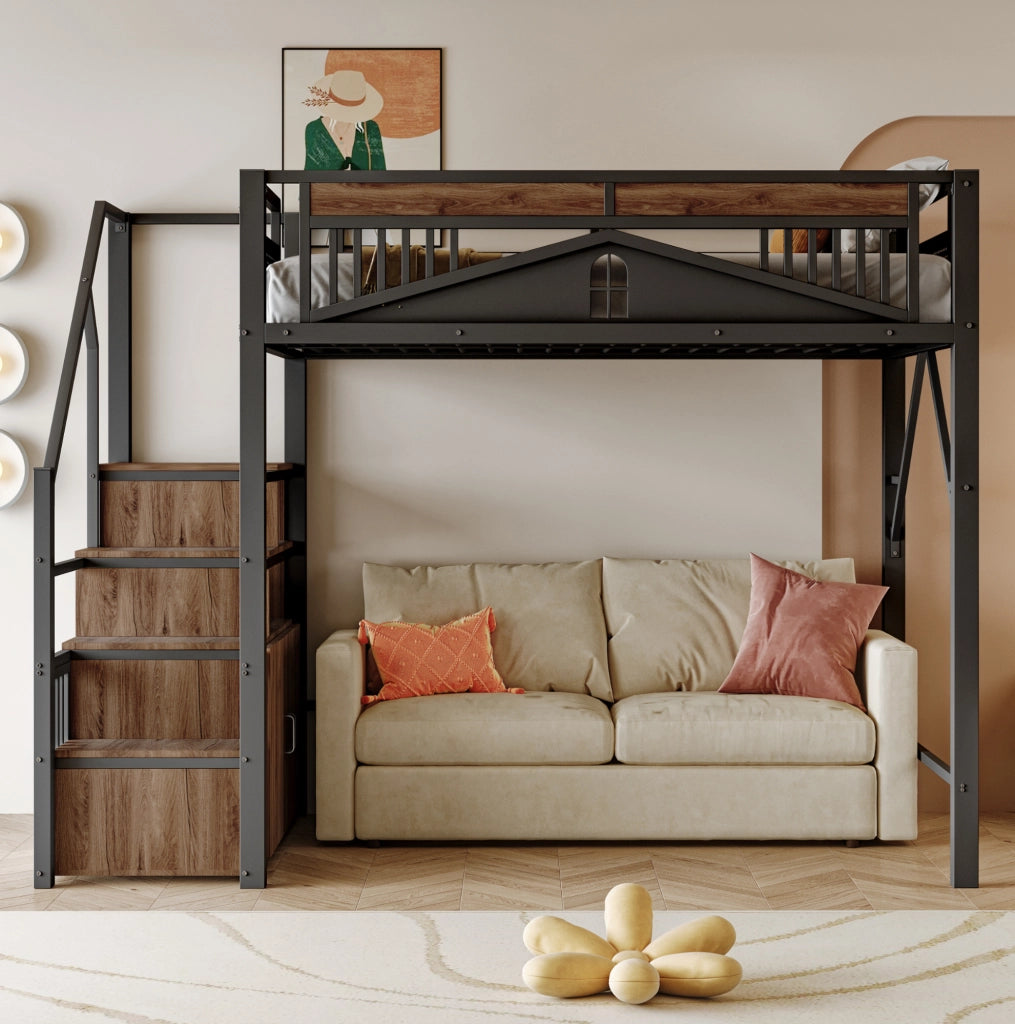 Letto a soppalco 140x200 cm in metallo nero con scale contenitore e finestra