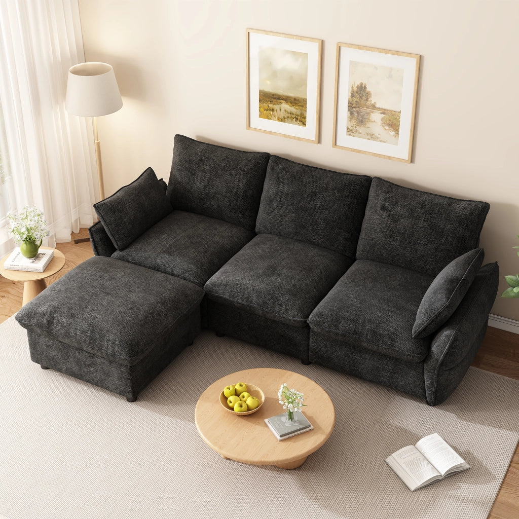 Modernes Ecksofa mit Ottomane (inkl. 1 Hocker) – Weicher Chenille-Sofa für Ihr Zuhause