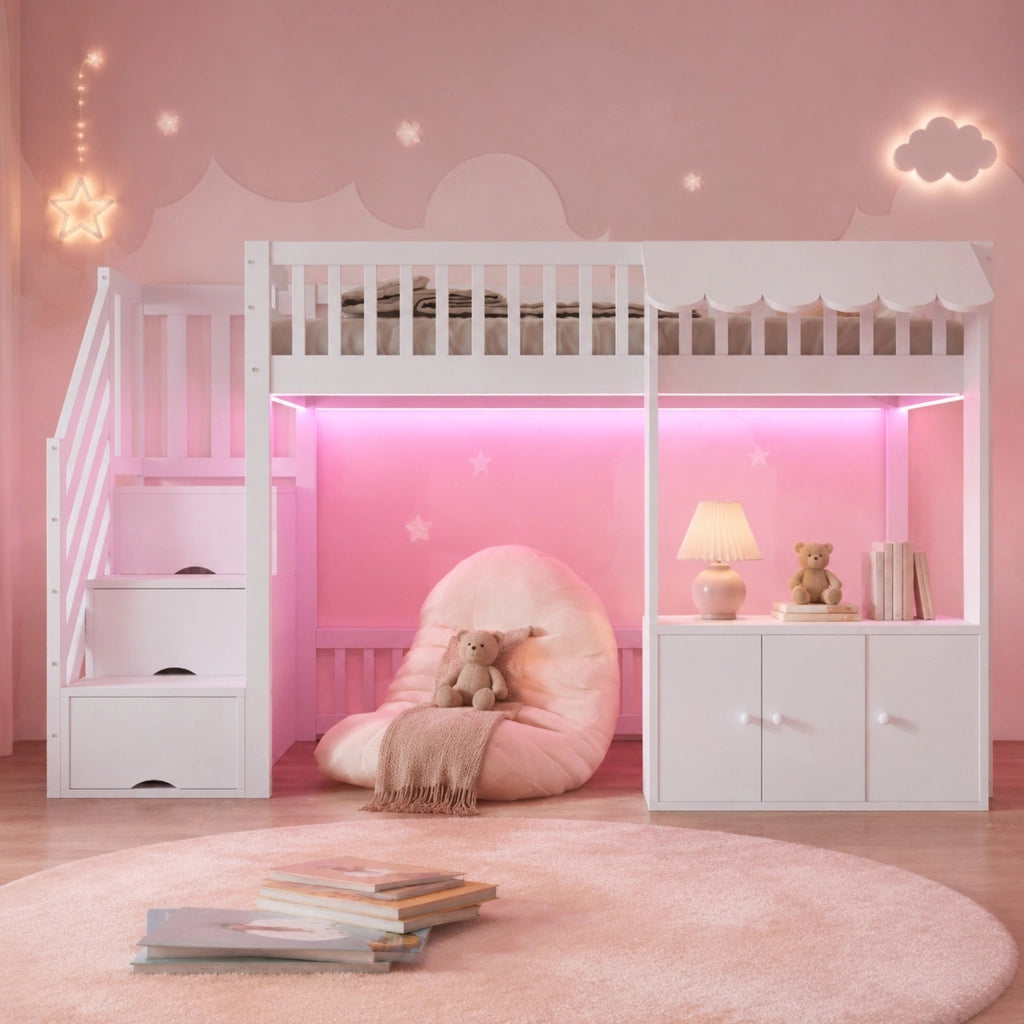 Letto a soppalco ULEVR 90x200 cm con scala a 3 vani, armadio contenitore e LED multicolore, bianco