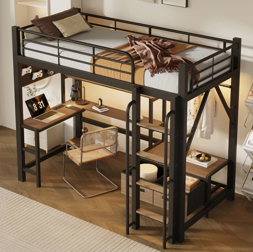 Letto a soppalco 90x200 cm con scrivania, scaffali, LED e USB