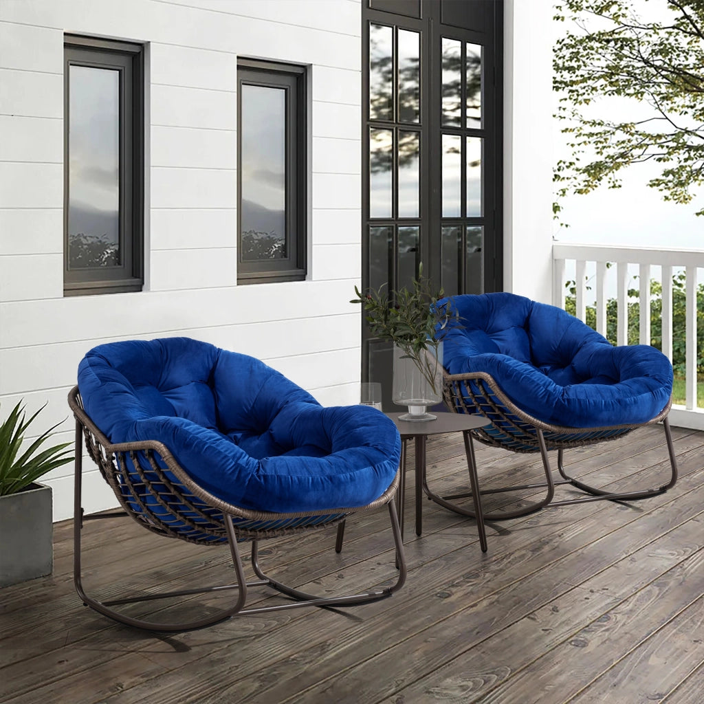 Sedia a dondolo da esterno in rattan, sedia reclinabile imbottita con cuscino per esterni, ideale per veranda, soggiorno, patio e giardino, blu navy.