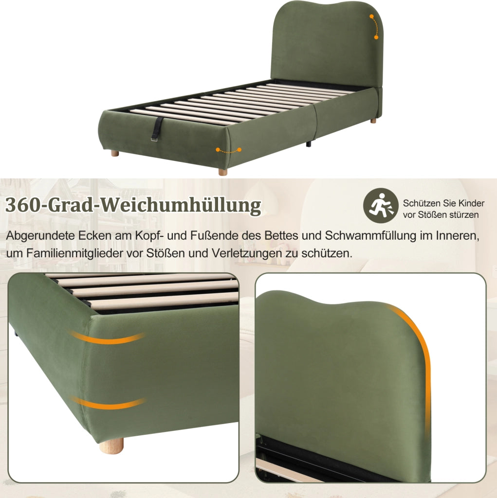 Letto imbottito verde in velluto con contenitore idraulico e rete