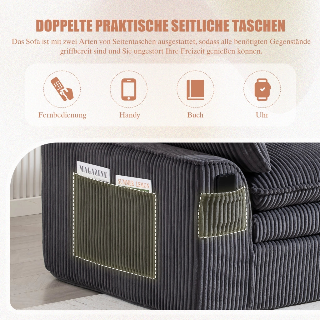 Divano 2 posti in velluto a coste grigio scuro con cuscini tasche laterali e molle integrate 191 × 94 × 85 cm