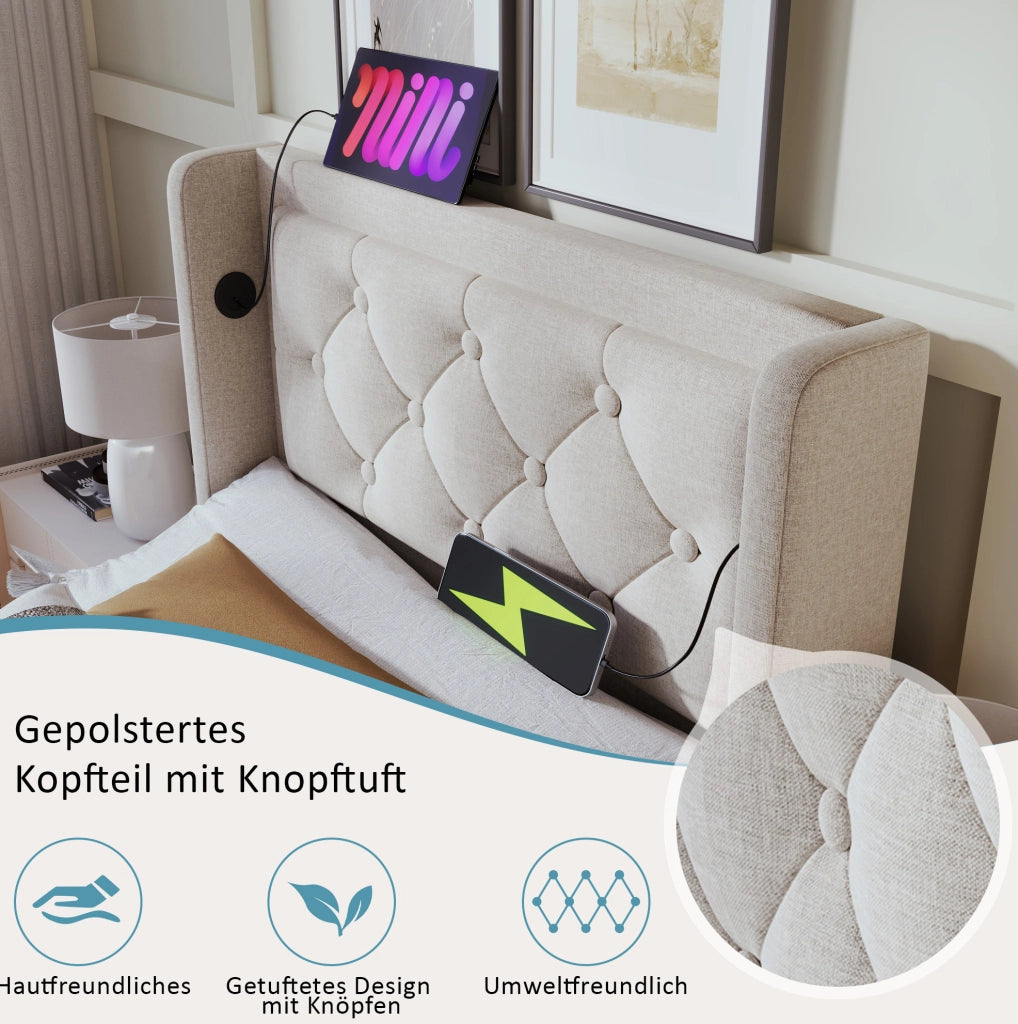 Letto contenitore 90 × 200 cm beige in cotone con LED; USB e Type-C
