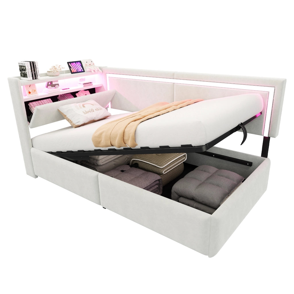 Letto singolo trasformabile 90 × 200 cm con contenitore LED USB in velluto beige