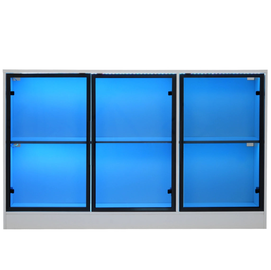 Vetrina in vetro grigia con LED, 120 x 30 x 73 cm, struttura bianca in truciolato, ante in vetro temperato, ideale per salotto, ufficio o sala da pranzo