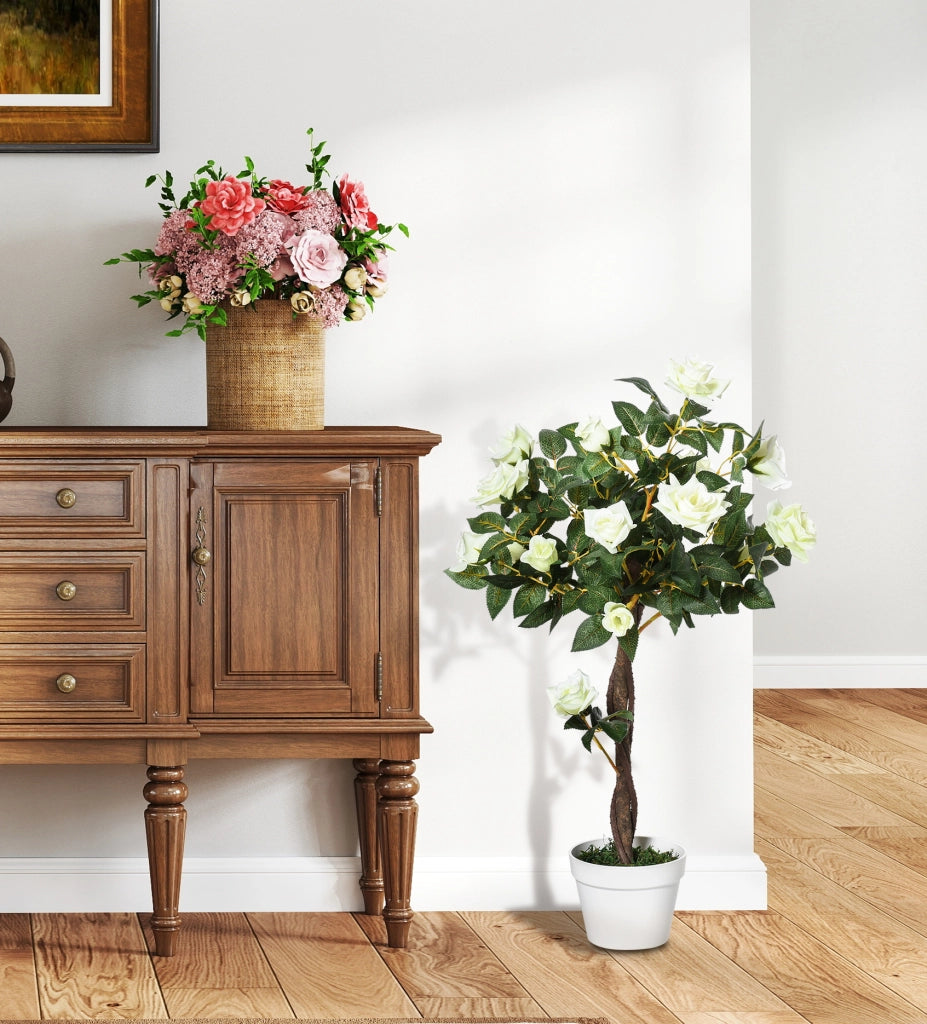 Pianta Finta di Rosa da 21 Fiori con Vaso Riempito in Cemento e Muschio, Pianta Artificiale Anti-UV in Plastica e Tessuto, ?18x90 cm, Bianco e Verde