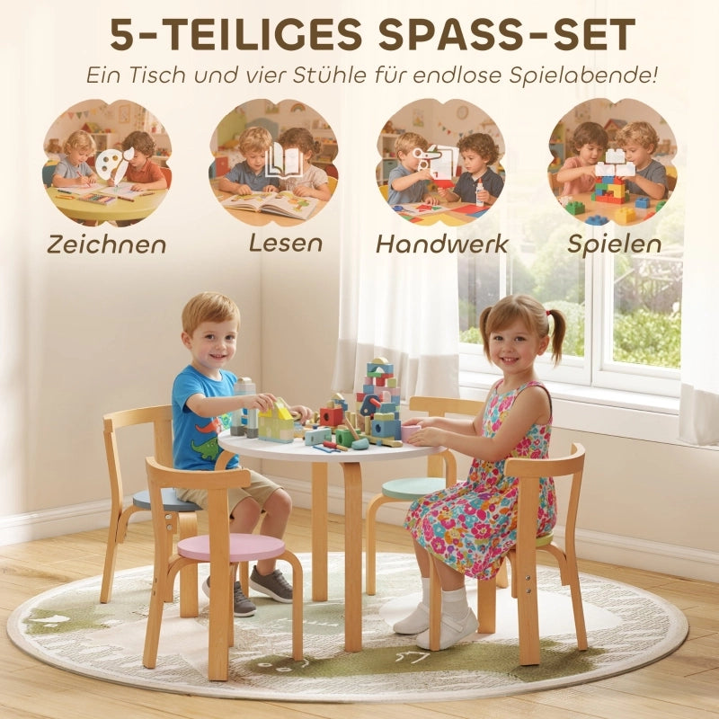 Set tavolo e sedie per bambini 5 pezzi, legno massello leggero, multicolore