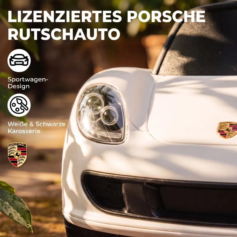 Auto a spinta per bambini Porsche bianca, con clacson, luci e suoni del motore, per 18-36 mesi