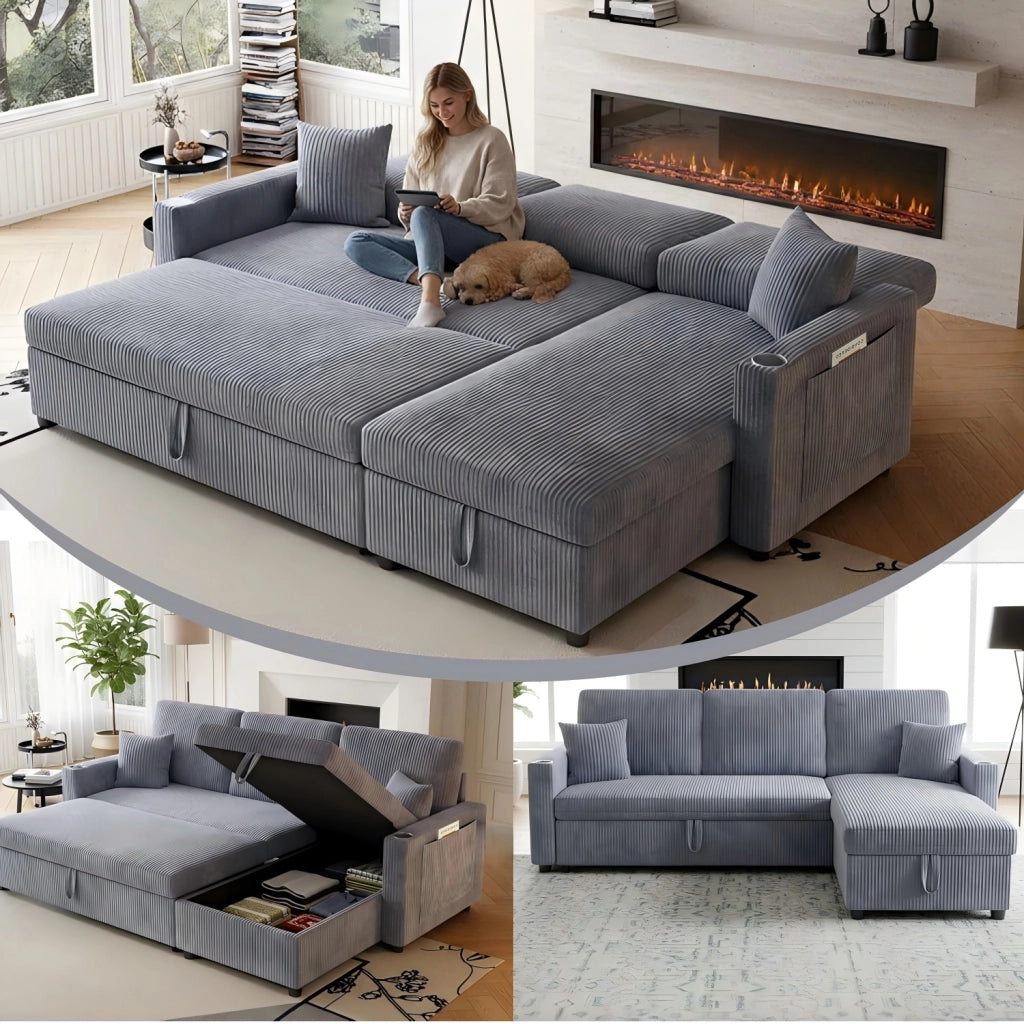 Divano letto angolare modulare - con contenitore; USB e tavolino - in corduroy grigio