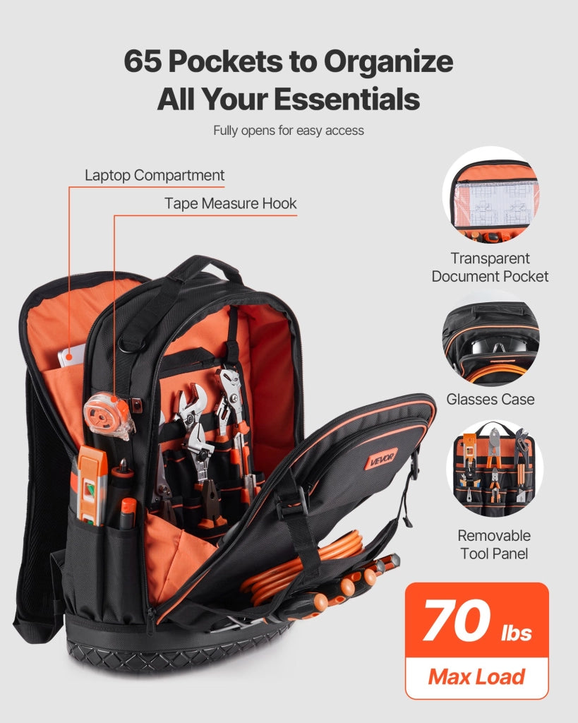 Zaino portautensili da lavoro con 65 tasche, borsa per attrezzi resistente in tessuto Oxford 1680D e base PVC per elettricisti, nero e arancione