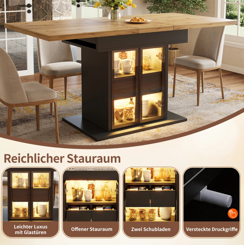 Tavolo da pranzo allungabile nero con LED RGB e contenitore