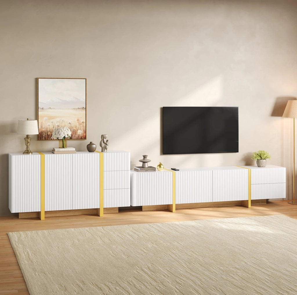 Set mobile TV e sideboard bianco con frontali scanalati
