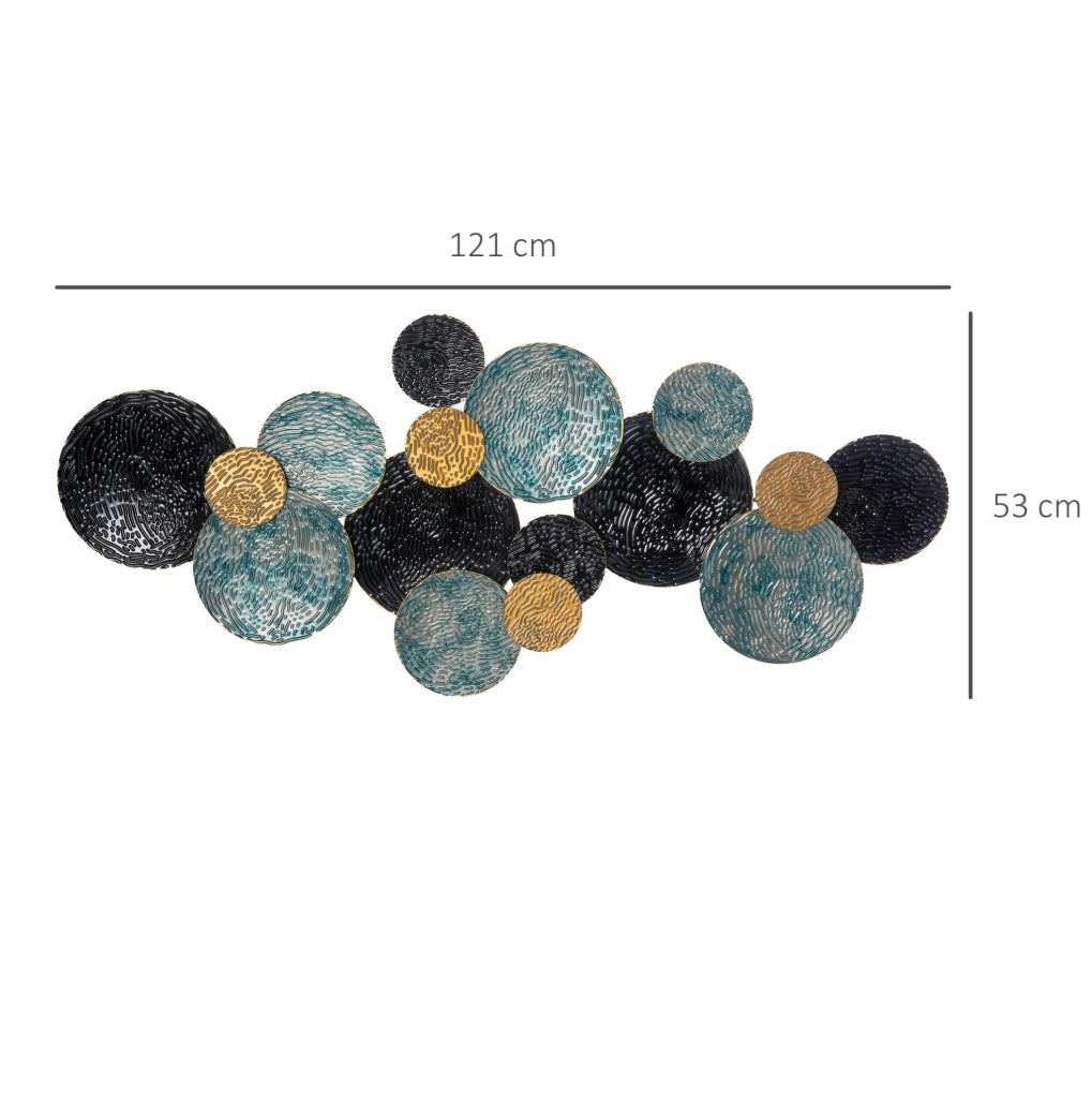 Decorazione da parete 3D ULEVR 121x53 cm in ferro, cerchi ondulati dipinti oro, blu e nero