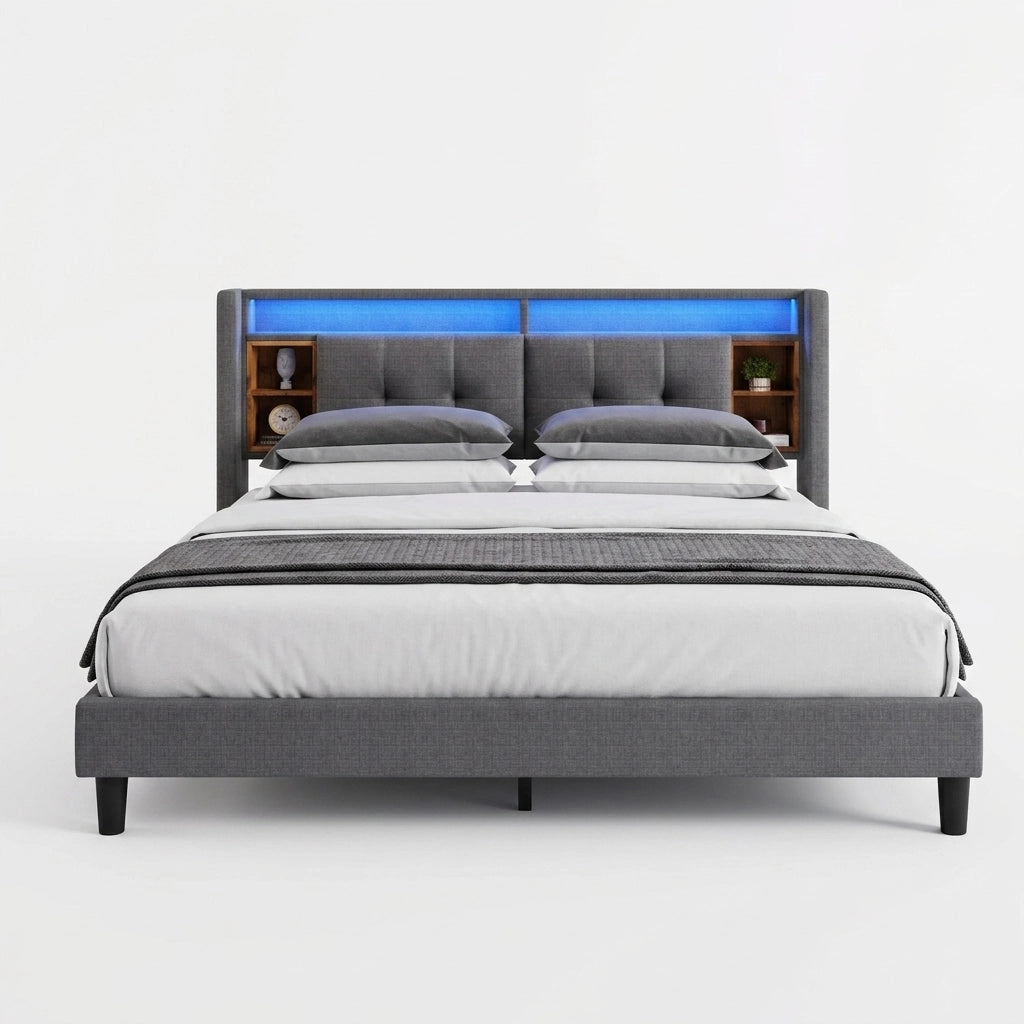Letto matrimoniale 160x200 cm grigio con testiera contenitore, LED, USB e prese