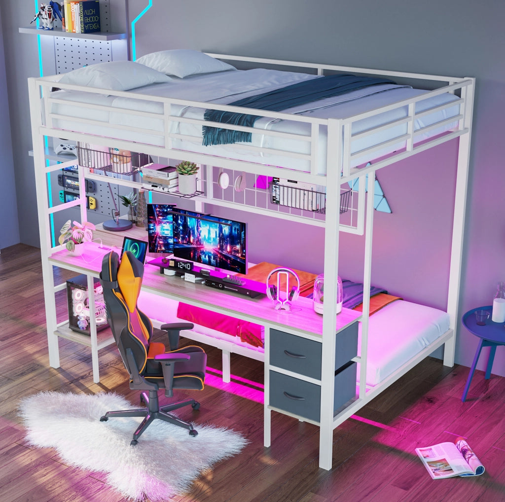 Letto a soppalco in metallo con scrivania, cassetti e LED