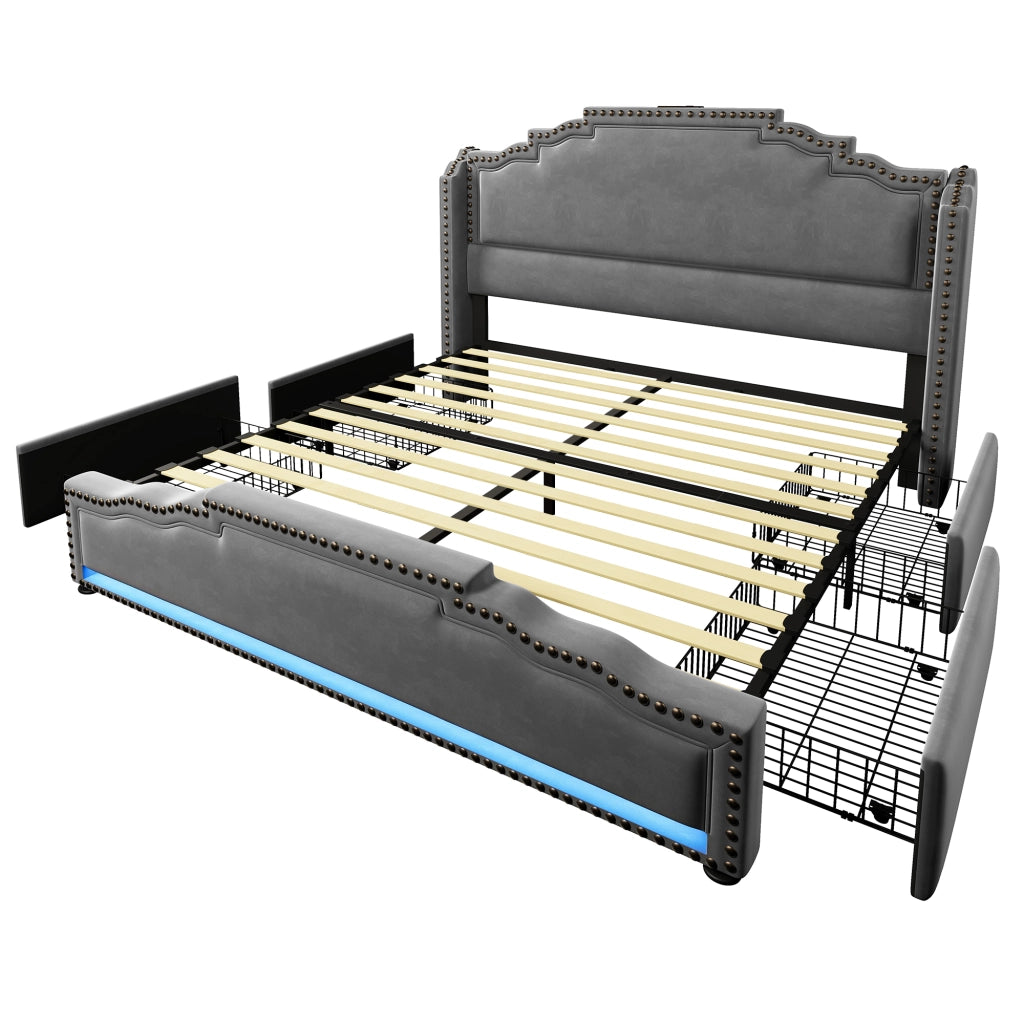 Letto 160x200 con 4 cassetti; LED e USB-C; testiera rétro con borchie; velluto grigio