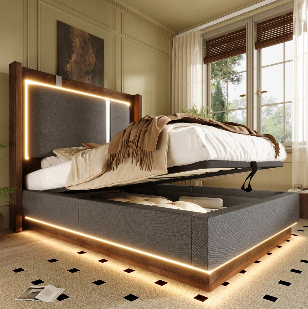 Letto imbottito 90 × 200 cm con contenitore idraulico; rete a doghe e LED; lino grigio e noce