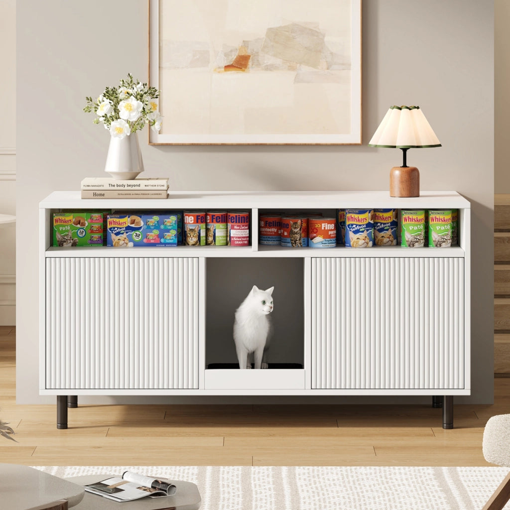 Mobile per lettiera gatto con tappetino raccogli sabbia e ripiano, consolle TV, senza lettiera, 120x50x66 cm, bianco