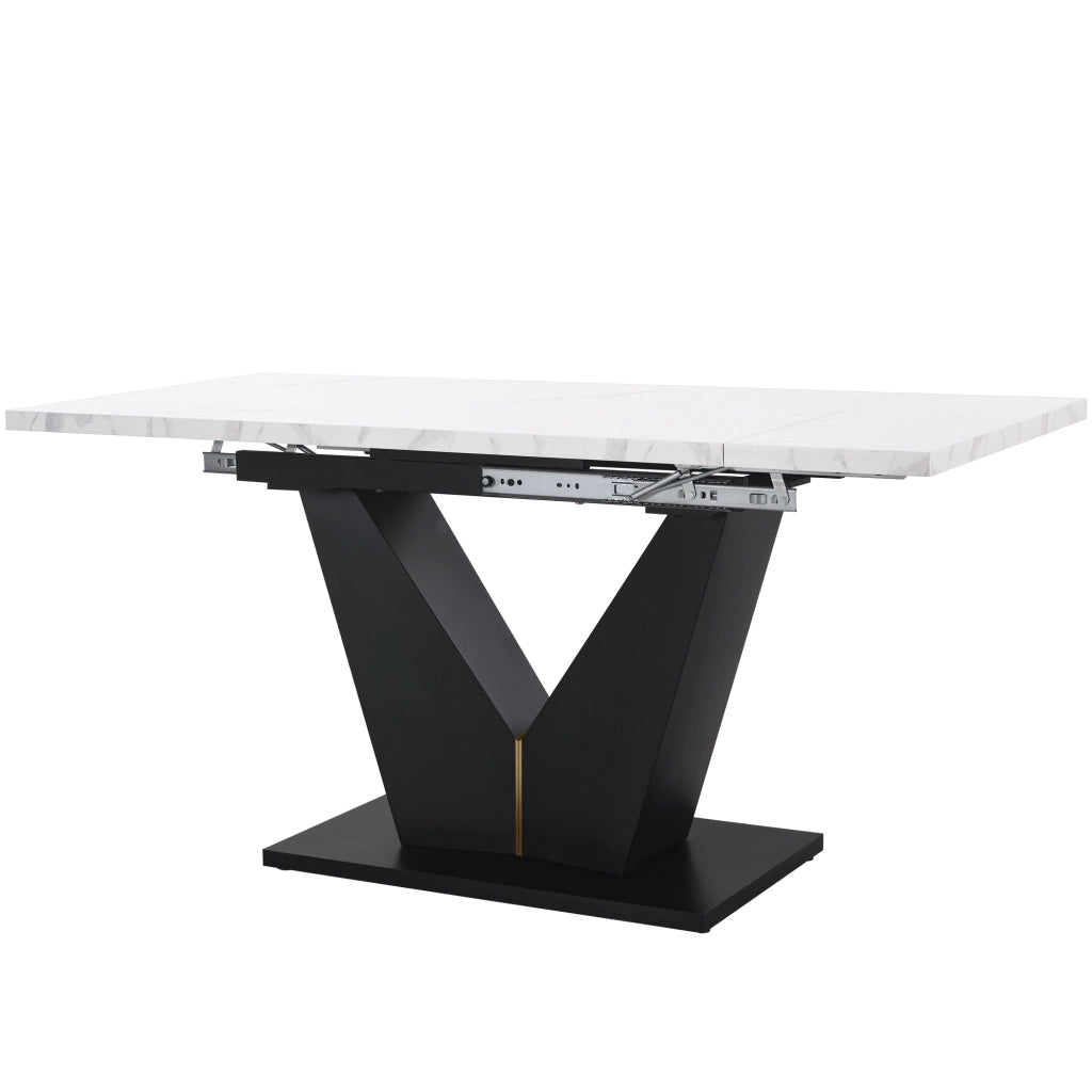 Tavolo da pranzo allungabile 99-159x75x75 cm, piano in MDF effetto marmo, bianco e nero, struttura in metallo