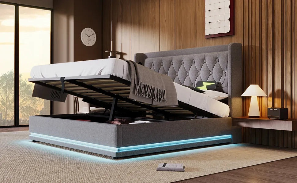 Letto matrimoniale imbottito 180x200 cm, grigio, cotone, con vano contenitore idraulico, testiera imbottita con ricarica USB-C e LED su 3 lati (senza materasso)