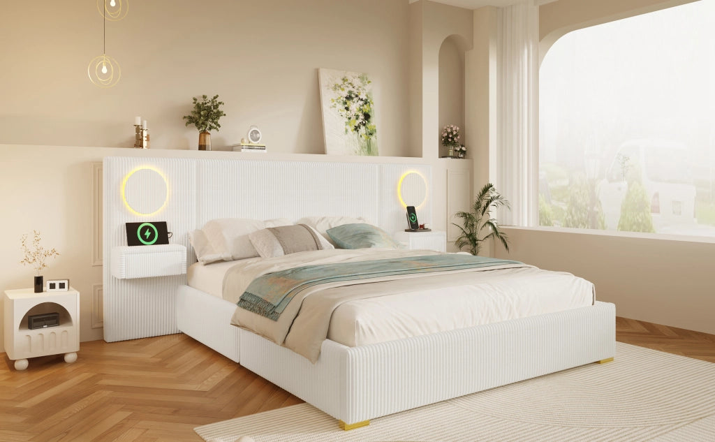 Letto matrimoniale imbottito 180 × 200 cm in velluto beige con testiera LED USB e comodini con cassetti