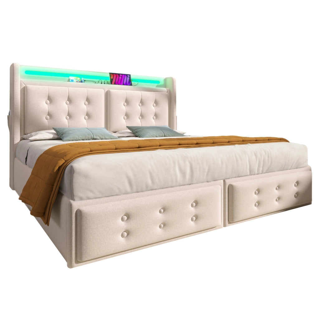 Letto contenitore 140 × 200 cm con LED; prese USB e USB-C; 220 × 141 × 109 cm; beige