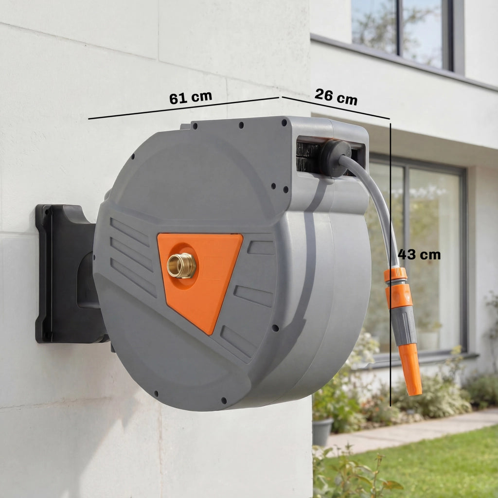Enrouleur Tuyau Arrosage Mural 40+2 m x Ø 15mm, Dévidoir de Tuyaux d'Eau Rétractable Automatique Pivotant à 180°, Orange