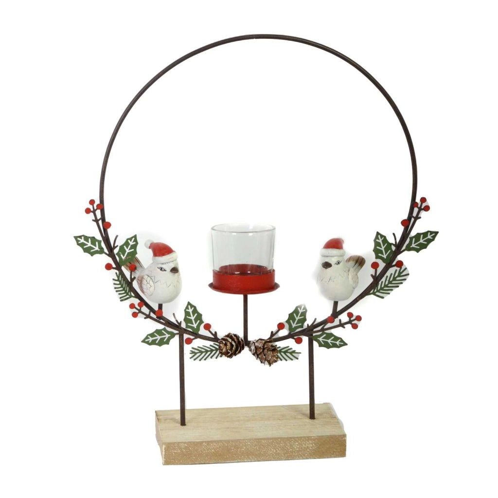 Portacandele metallo con uccellini rosso cm29x7h35
